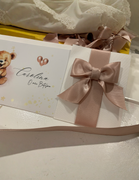 Convite de Batizado Ursinho com Fita Rosé