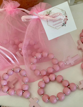 Terço de Comunhão Rosa em Saquinho de Tule